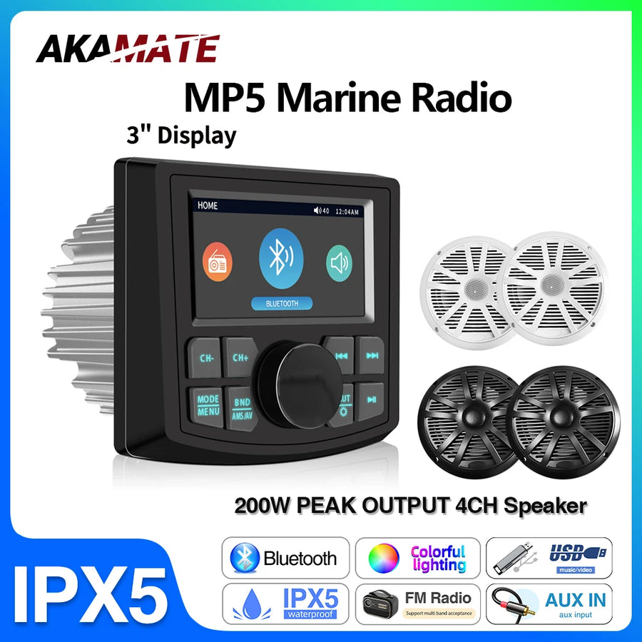 Waterproof Marine MP5 Stereo with Bluetooth for Boat Android Head Unit AKAMATE