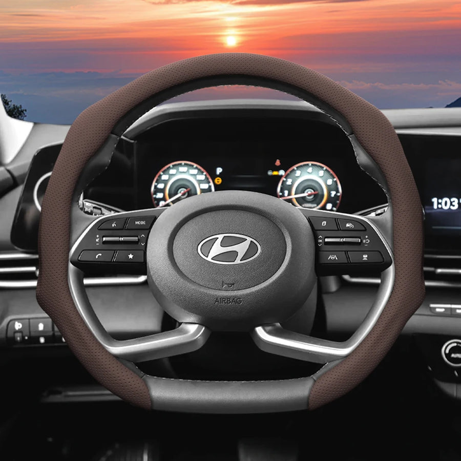 Perforated Leather Steering Wheel Cover for Hyundai Tucson Car Interior Accessory Hocasen Mocha D-Shaped