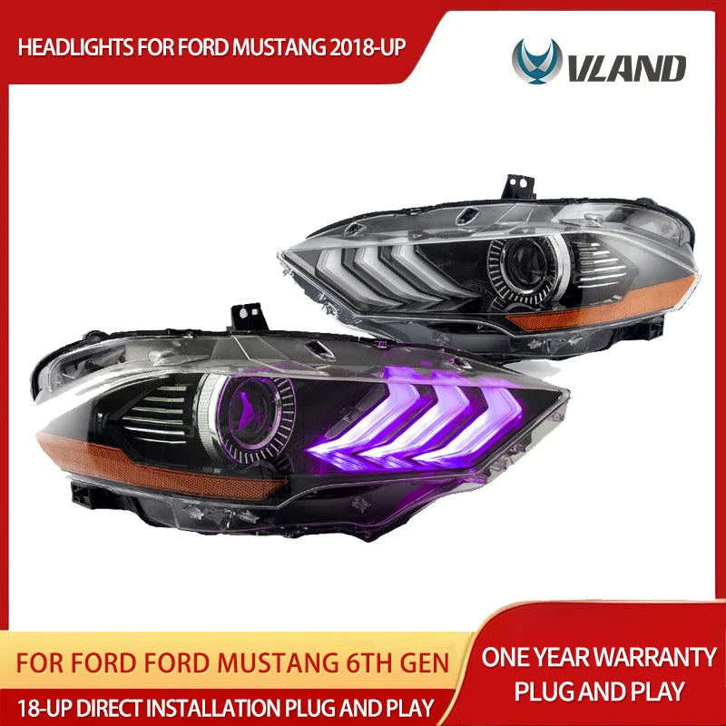 RGB Dual Beam LED Headlights for Mustang 2018-21 Car Interior Accessory Vland