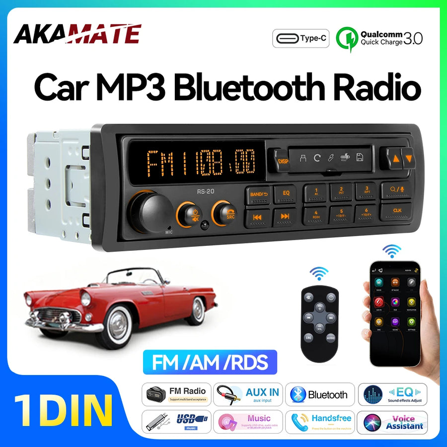Retro Style 1Din MP3 Car Radio Bluetooth QC3.0 Fast Charge Car Interior Accessory AKAMATE