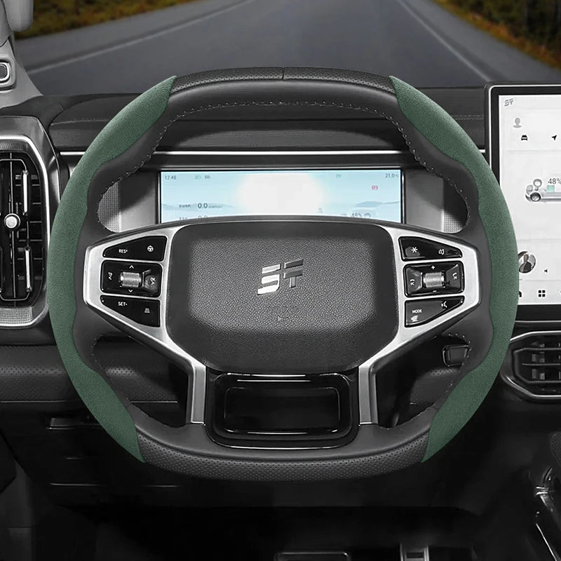 Snap-On Suede Steering Wheel Cover for Jetour X70 Car Interior Accessory Hocasen Green 2-Piece Set