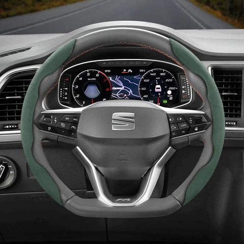 Anti-Slip Suede Steering Cover for Seat Models Car Interior Accessory Hocasen Green D-Shaped 2Pc