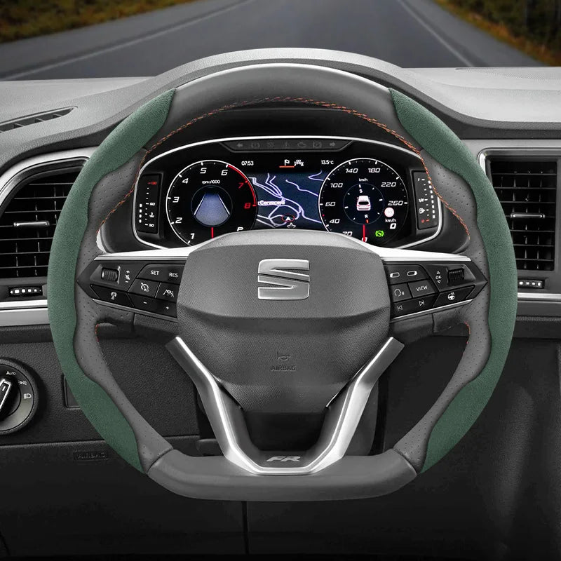 Anti-Slip Suede Steering Cover for Seat Models Car Interior Accessory Hocasen Green D-Shaped 2Pc