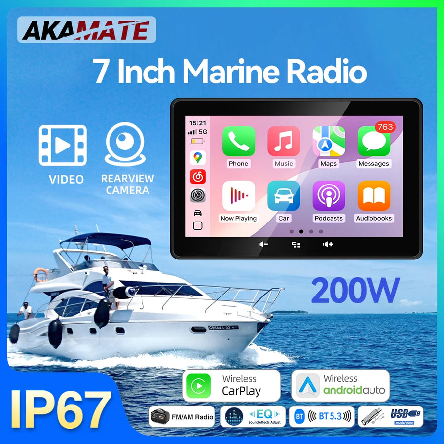 7 Inch Marine Radio with Wireless CarPlay for ATV Android Head Unit AKAMATE