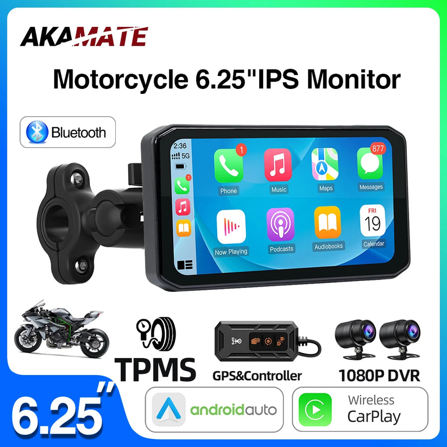 Motorcycle GPS Monitor with 1080P DVR & CarPlay Android Head Unit AKAMATE