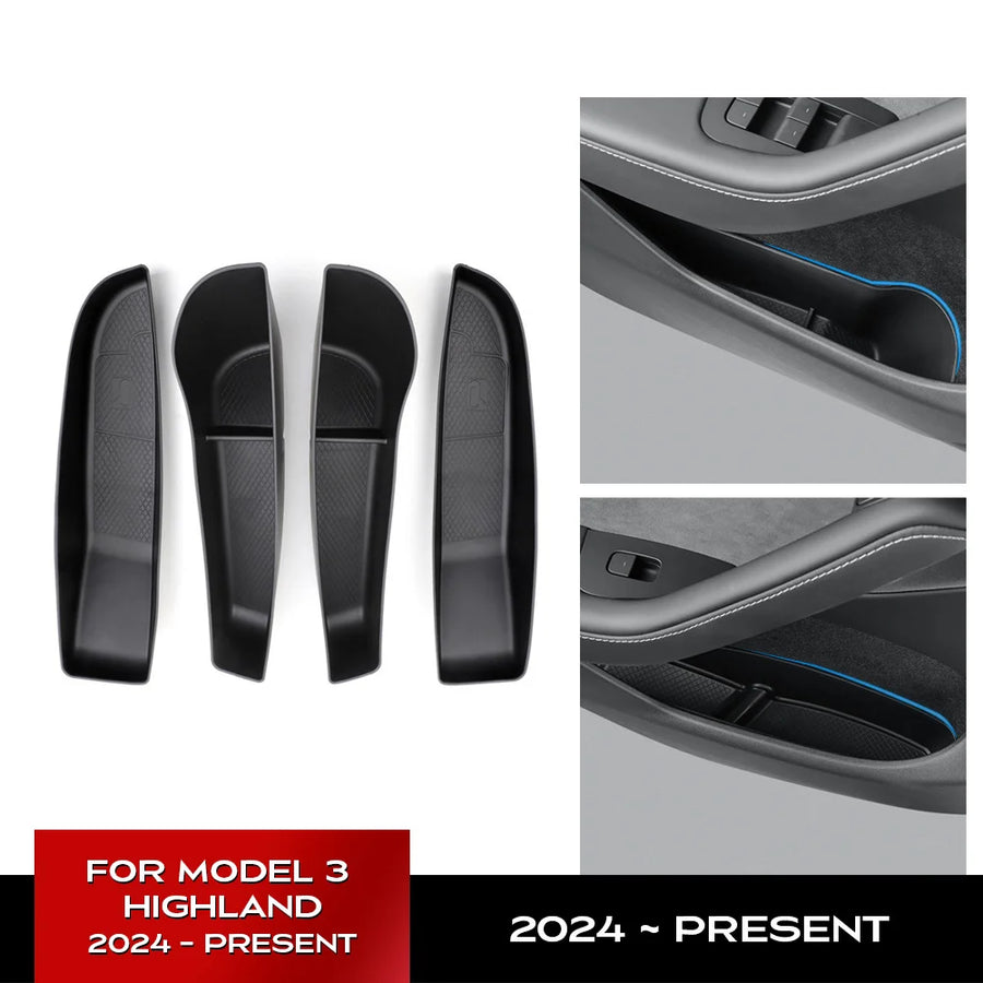 For Tesla Model 3 Highland 2024 Car Door Side Storage Box Front Rear Side TPE Door Storage Organizer Tray Interior Accessorie