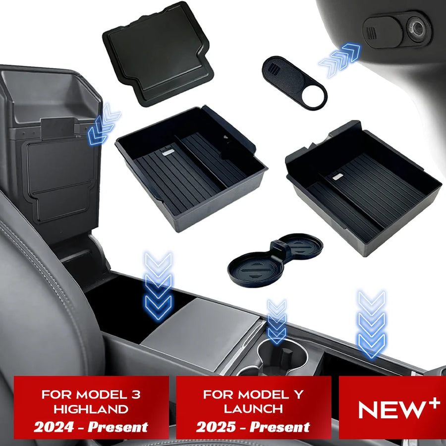 For Tesla New Model Y 2025 Launch 2025+ Juniper Model 3 Highland 2024 Console & Armrest ABS Flocking Storage Box Watercup Hol