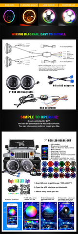 Halo 7Inch Round Led Headlight RGB Bluetooth App Controlled 7 For Harley Davidson Touring Fat Boy Jeep Wrangler JK LJ CJ TJ