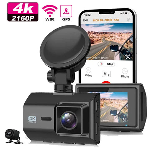 Dual Lens 4K Dash Cam WiFi GPS Universal Dashcam Bosstar Black 2'' 2K(GC4653)+1080p|320*240