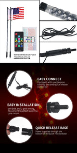 3/4/5FT LED Whip Light RGB RZR LED Lamp Waterproof Bendable Remote Control Multi-color Super Bright Flag Light for SUV ATV Lamp