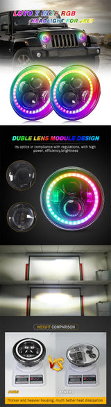 Halo 7Inch Round Led Headlight RGB Bluetooth App Controlled 7 For Harley Davidson Touring Fat Boy Jeep Wrangler JK LJ CJ TJ