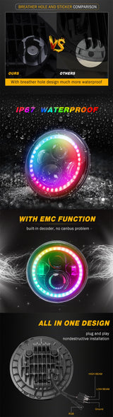Halo 7Inch Round Led Headlight RGB Bluetooth App Controlled 7 For Harley Davidson Touring Fat Boy Jeep Wrangler JK LJ CJ TJ