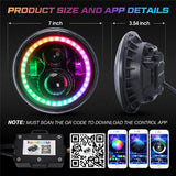 Halo 7Inch Round Led Headlight RGB Bluetooth App Controlled 7 For Harley Davidson Touring Fat Boy Jeep Wrangler JK LJ CJ TJ R