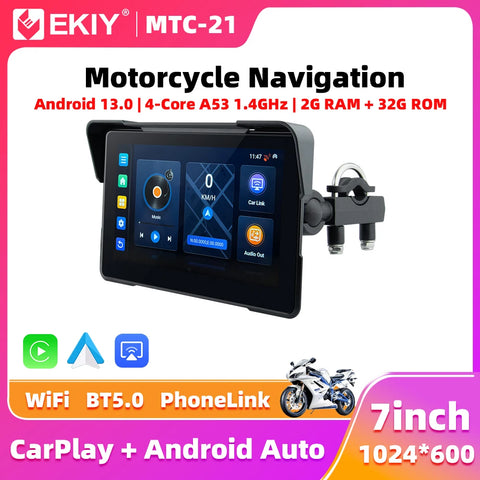 7" Wireless CarPlay GPS Display for Universal Motorcycle Android Head Unit EKIY