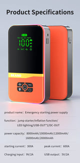 Car Jump Starter with Tire Inflator, 1000A 12V Portable Emergency Booster with Power Bank Function Jump Starter, Air Compress