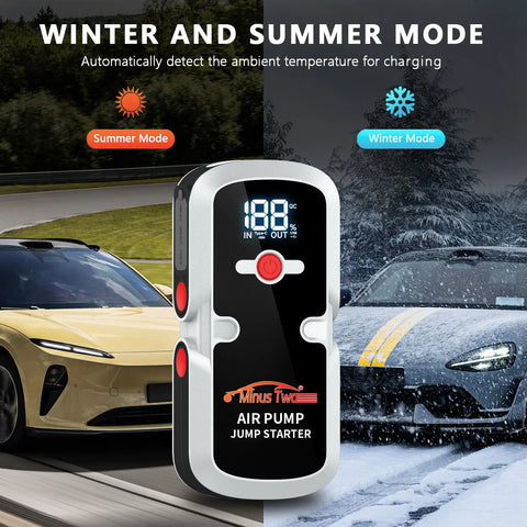 Rugged 12V Jump Starter & Air Pump, Winter/Summer Mode, Portable Inflator with SOS/Strobe LED Light 12V Jump Starter & Air Pu