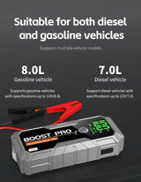 12V Portable Car Jump Starter, 8.0L Gas/7.0L Diesel, QC3.0 Power Bank, 4-Mode LED Light, Explosion-Proof Battery Jump Starter
