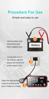 12V 8A Smart Car Battery Charger Automatic Start Fast Charger Pulse Repair Motorcycle Truck Battery Charger GEL Lead Acid