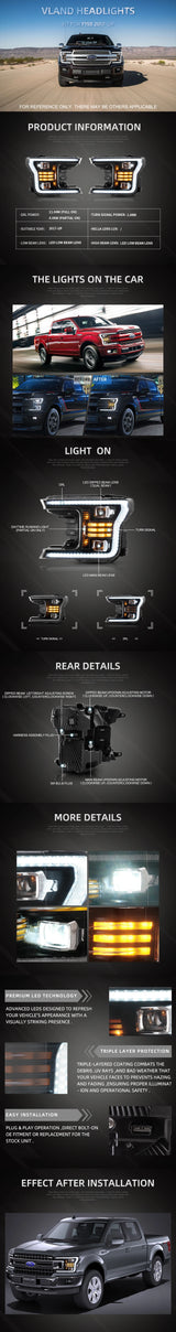 LED Headlights with Dual Beam Projector for Ford F150 18-20 Car Interior Accessory Vland