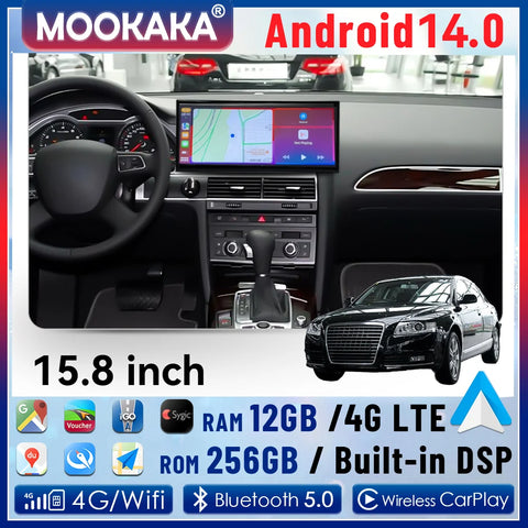15.8" Android 14 Navigation Stereo for Audi A6 2010–2011 Android Head Unit Aotsr 12GB 256GB Carplay Eight Core