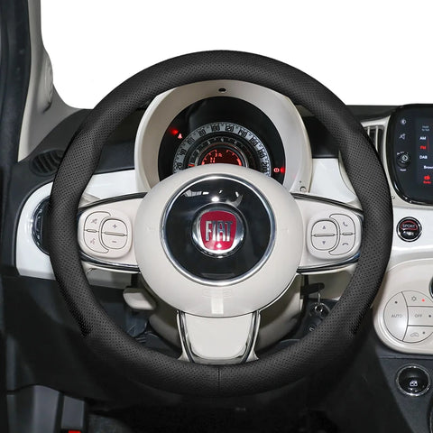 Ultra-Thin Breathable Leather Steering Wheel Cover for Fiat 500, Punto Evo Car Interior Accessory Hocasen Black Punch Style