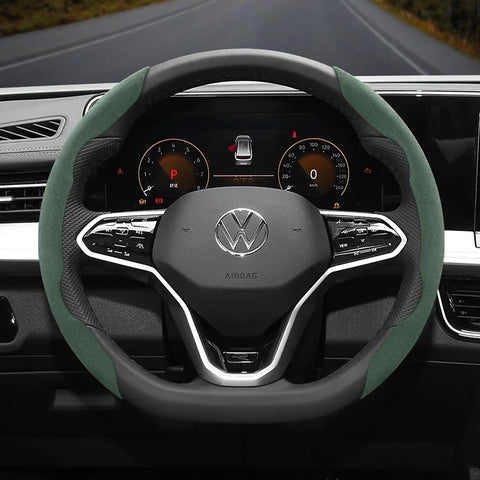 Suede Anti-Slip Steering Wheel Cover for Volkswagen Car Interior Accessory Hocasen Green D-Shaped 2PC