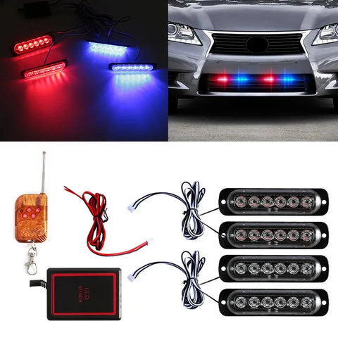 4PCS Wireless LED Strobe Grille Light Kit Universal LED Ambient Light OEM Red and Blue