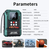 Portable 12V Jump Starter & Air Pump for Cars, Motorcycles, and Bikes, 2000A Peak, 150PSI, LED Light & USB Output Jump Starte