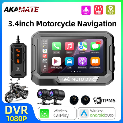 3.4" Motorcycle GPS Monitor with Wireless CarPlay Android Head Unit AKAMATE