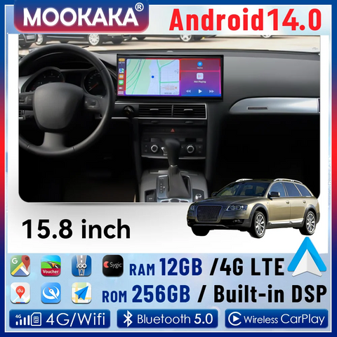 15.8-inch Android 14 Head Unit for Audi A6 2005–2009 Android Head Unit Aotsr 4GB 64GB Carplay Eight Core