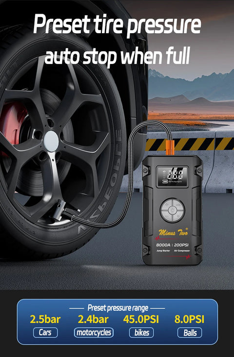 8000A Portable Car Jump Starter & 200PSI Fast Inflator, Auto-Shutoff, Digital Readout & Multi-Mode Light for Winter & Roadsid
