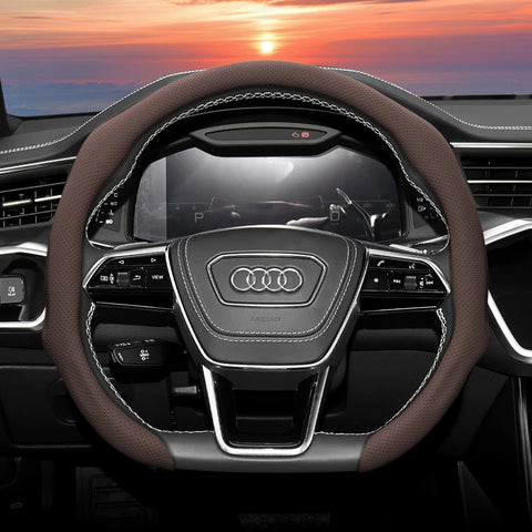 Perforated Leather Steering Wheel Cover for Audi Car Interior Accessory Hocasen Mocha D-Shaped