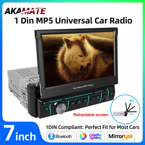 7" Retractable Screen 1Din Car Radio Universal Android Head Unit AKAMATE