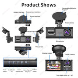 3-Channel 1080P Dash Cam WiFi Night Vision Universal