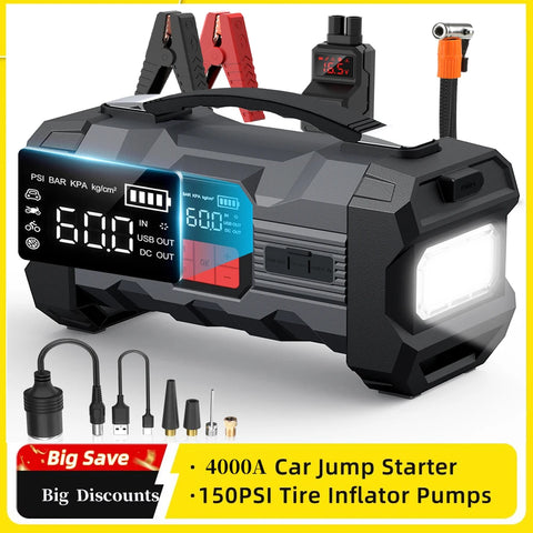 26800mAh Jump Starter with Air Compressor 1000A/1500A PEAK Booster Tyre Inflator Portable Car Battery Power Bank Charger Air