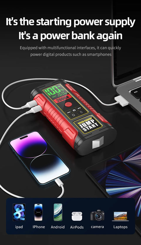 12V All-in-One Car Emergency Tool: 2000A Jump Starter, Portable Power Bank & LED Light Car Emergency Tool MINUS TWO