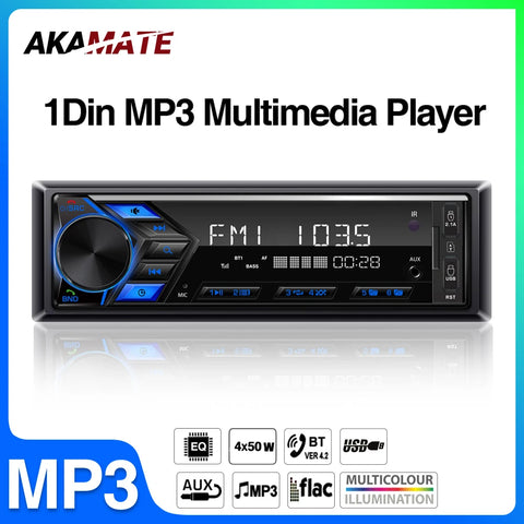 1Din Bluetooth Car Radio MP3 Player Dual Mic USB Car Interior Accessory AKAMATE