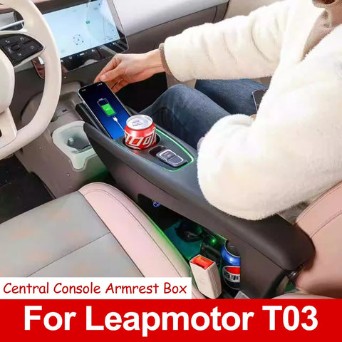 For Leapmotor T03 20-25 Central Console Armrest Box Leather Storage Box Wireless Charging Handrest Organizer with Cup holder