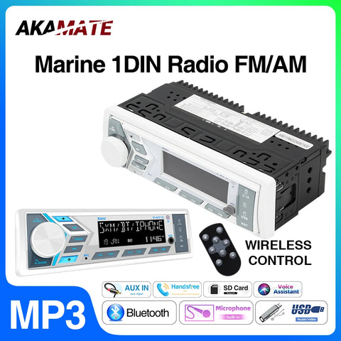 1Din Marine Boat Radio Bluetooth Stereo for ATV UTV Car Interior Accessory AKAMATE