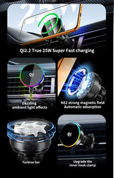 Qi2.2 25W Car Magnetic RGB Wireless Charger With Air Cooling Fan Phone Holder