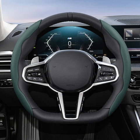 Breathable Faux Leather Car Steering Wheel Cover Universal Car Interior Accessory Hocasen Green D-Shaped 2Pc