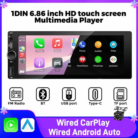 6.9 Inch 1DIN Multimedia CarPlay Android Auto Touch Stereo Android Head Unit LEXXSON