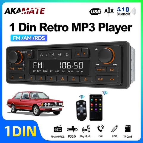 Retro Style 1Din MP3 Radio Bluetooth 5.1 EQ Fast Charge Car Interior Accessory AKAMATE