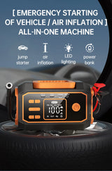 Portable All-in-One Car Emergency Tool: Jump Starter, Tire Inflator, Power Bank & LED Light, Folding Handle, Compatible with