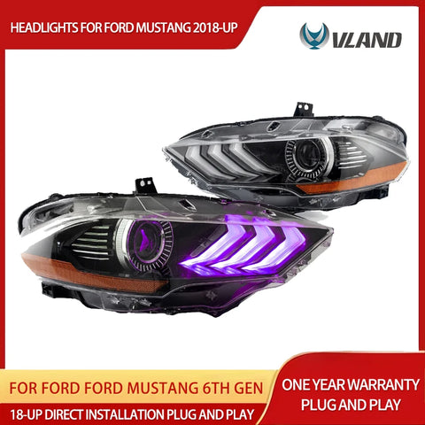 RGB Dual Beam LED Headlights for Mustang 2018-21 Car Interior Accessory Vland