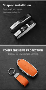 Metal and Leather Car Key Case Cover For BYD Denza D9 DM-i 2022 2023 N7 N8 Auto Keychain Protect Set