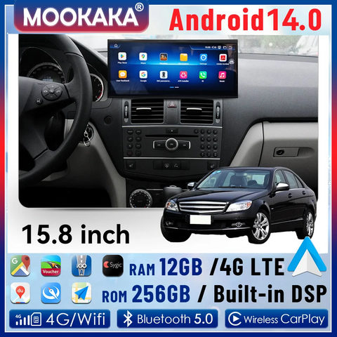 15.8-Inch Android 14 Navigation for Mercedes Benz C-Class W204 Android Head Unit Aotsr 12G256 and 360Camera Eight Core